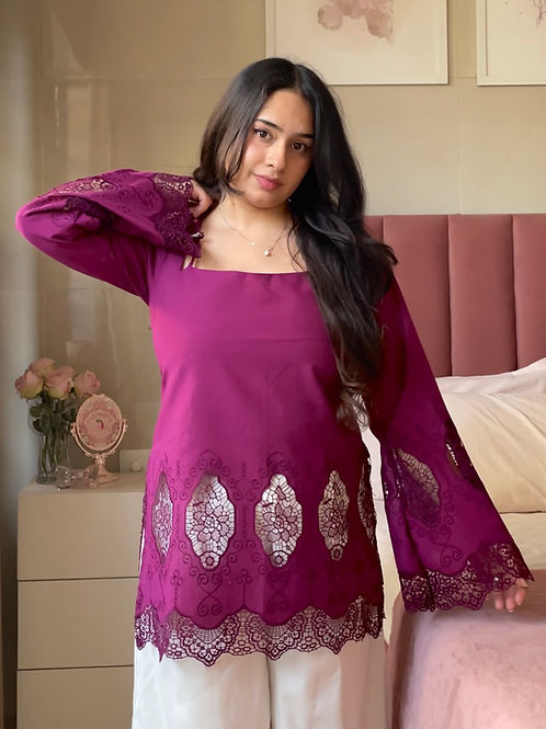 Plum II Cutwork Cotton Kurti Pair