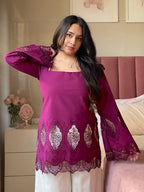 Plum II Cutwork Cotton Kurti Pair