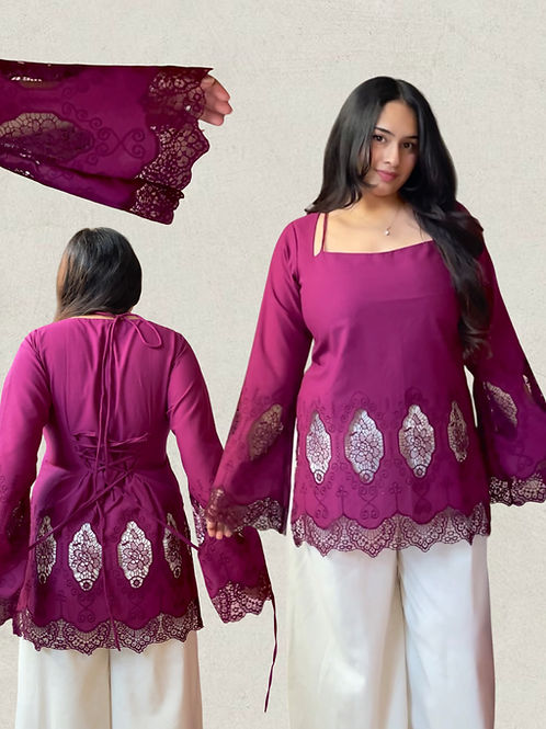 Plum II Cutwork Cotton Kurti Pair