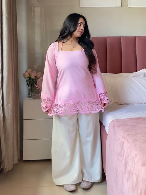 Pink Cutwork Cotton Kurti Pair