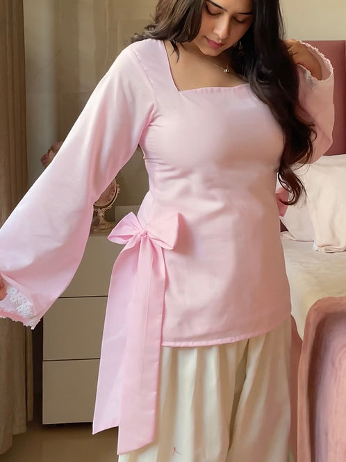 Bow Pink Cotton Kurti Pair