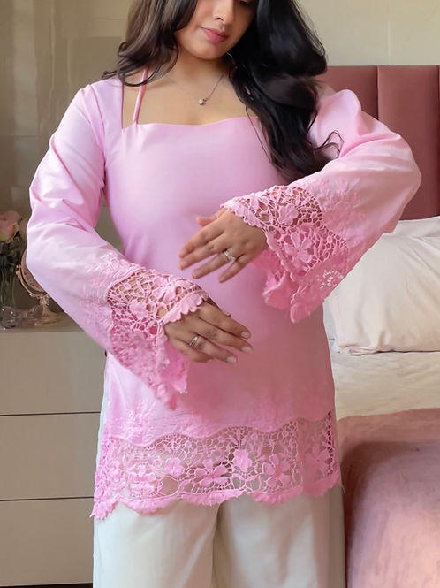 Pink Cutwork Cotton Kurti Pair
