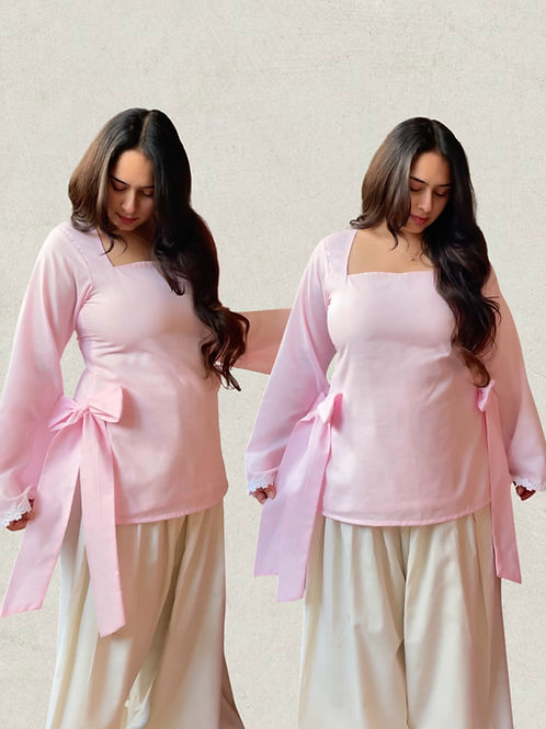 Bow Pink Cotton Kurti Pair