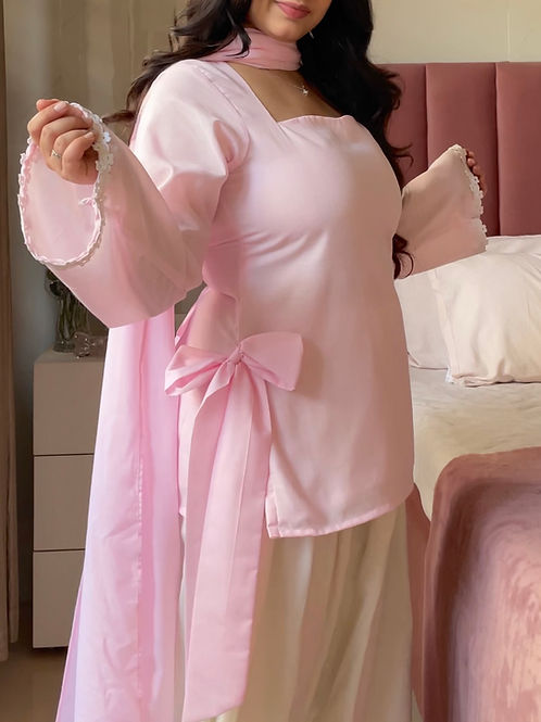 Bow Pink Cotton Kurti Pair