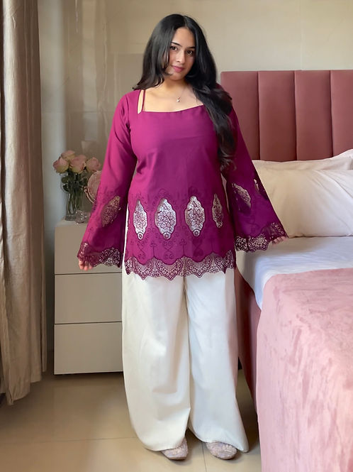 Plum II Cutwork Cotton Kurti Pair