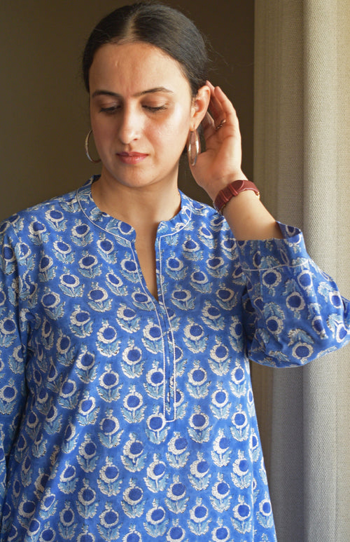 Blue Hand Block Printed Short Kurta