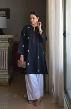 Black Jamdani Short Kurta with Pleated White Pyjama