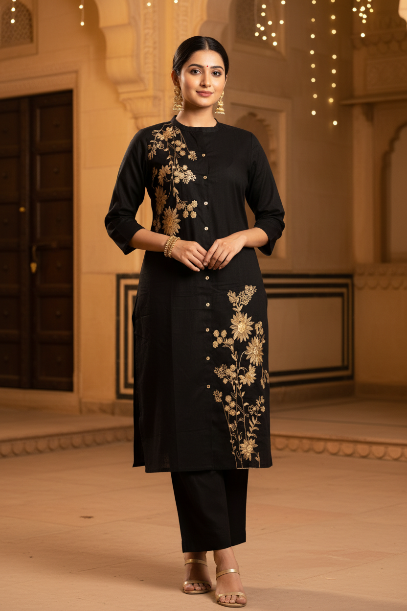Black Embroidered Straight Co-ord Set