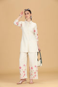 Cream Cotton Flex Embroidered Straight Kurta Pant Co ord Set