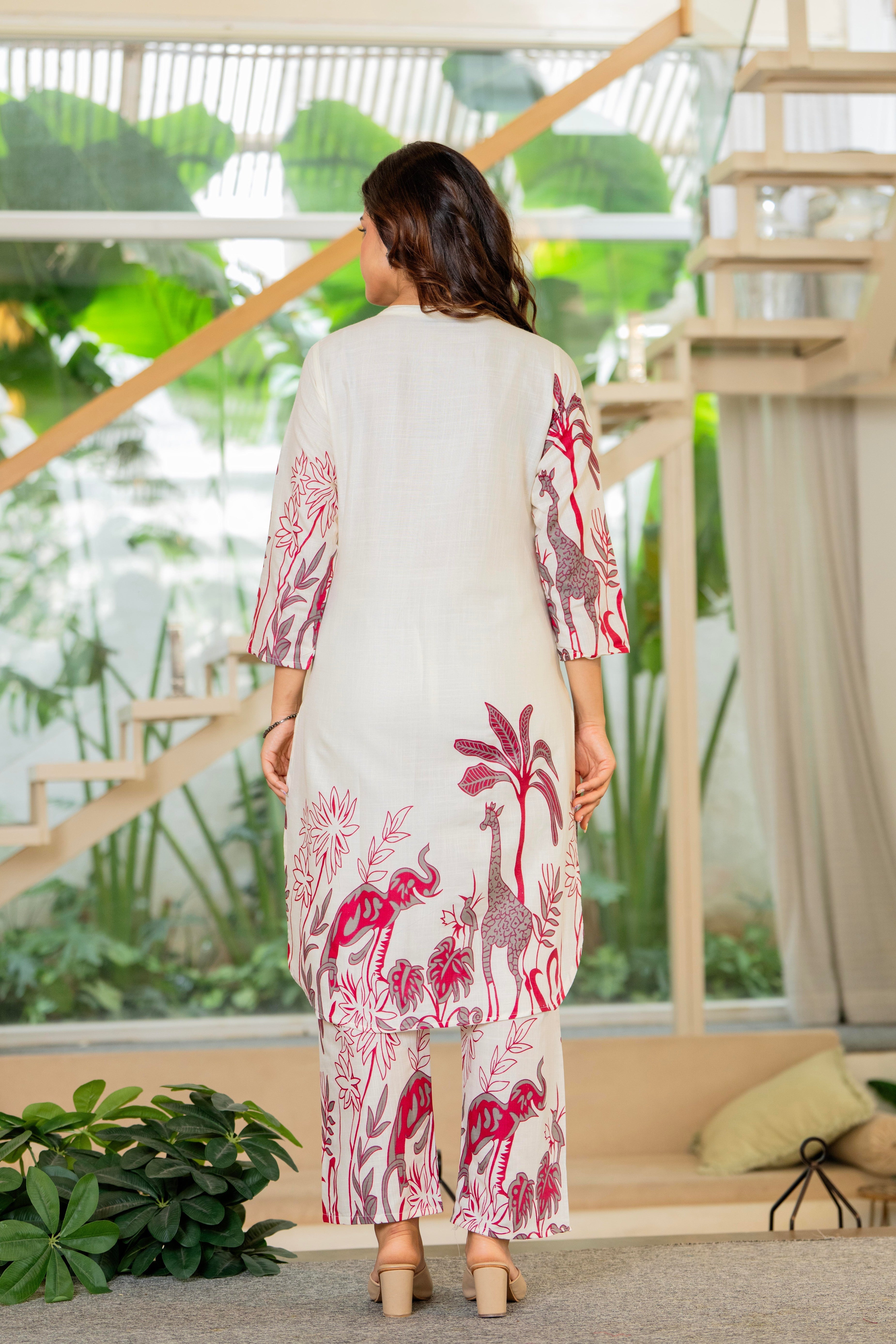 Off White Printed Cotton Flex Co-Ord Set