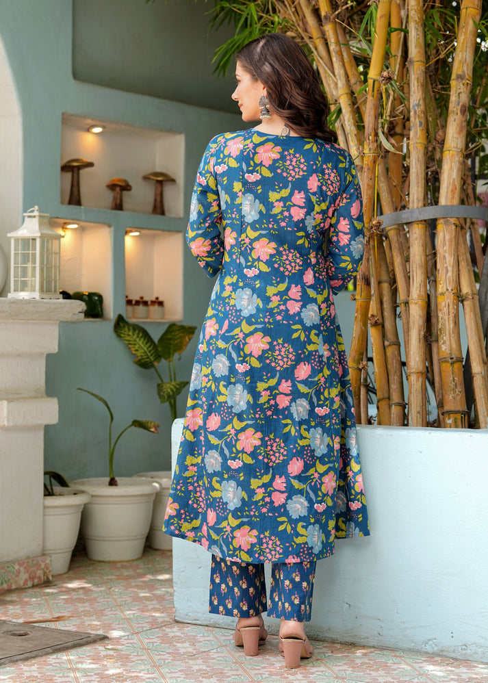 Aafreen Blue Floral Pleated Suit Set