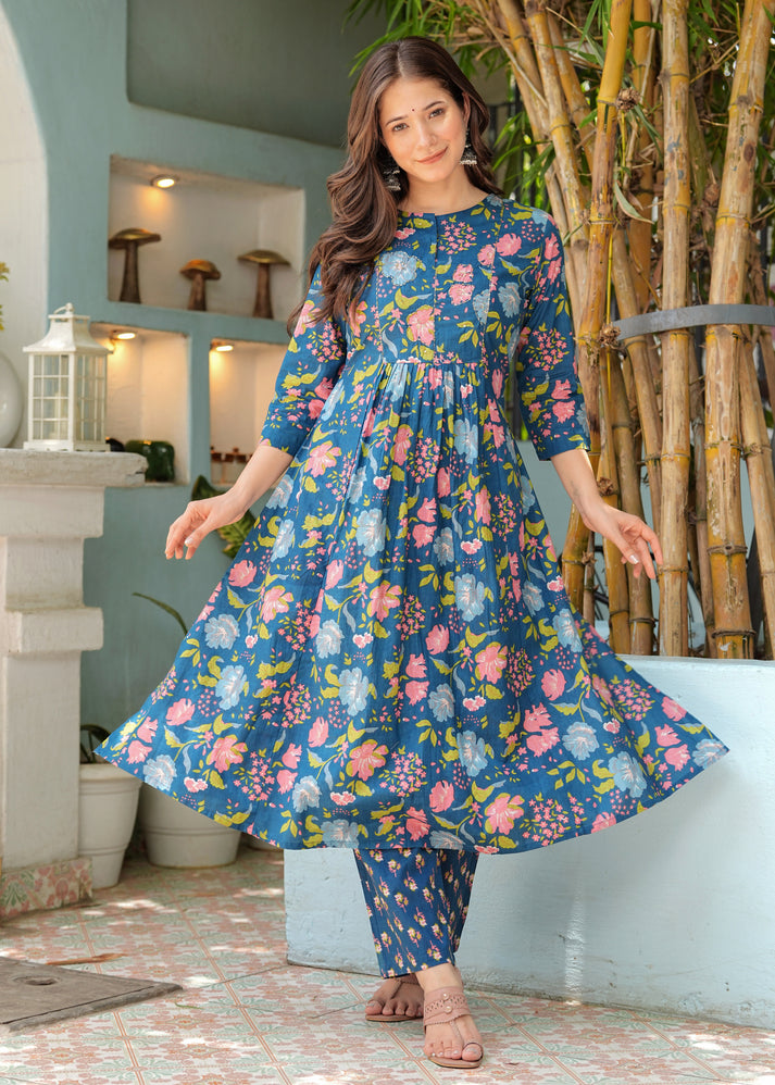 Aafreen Blue Floral Pleated Suit Set