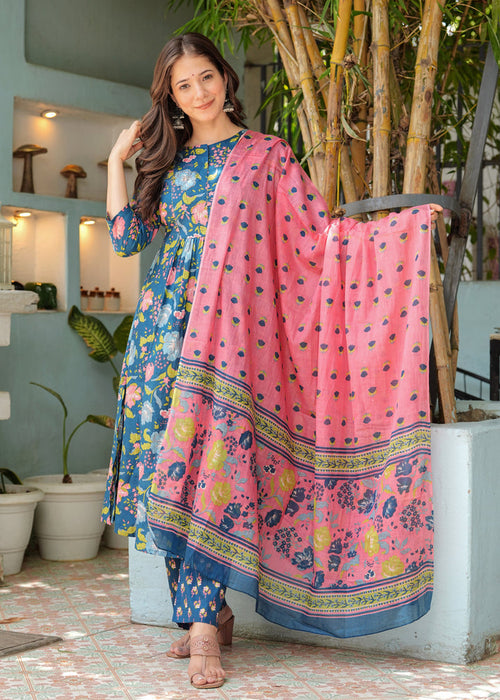 Aafreen Blue Floral Pleated Suit Set