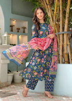 Aafreen Blue Floral Pleated Suit Set