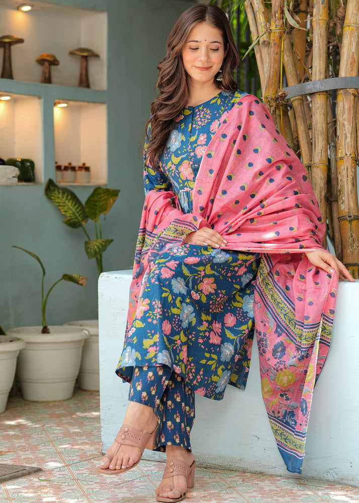 Aafreen Blue Floral Pleated Suit Set
