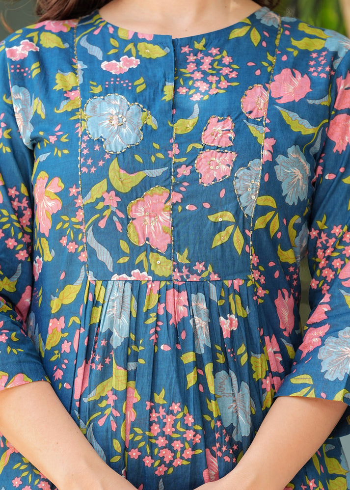 Aafreen Blue Floral Pleated Suit Set