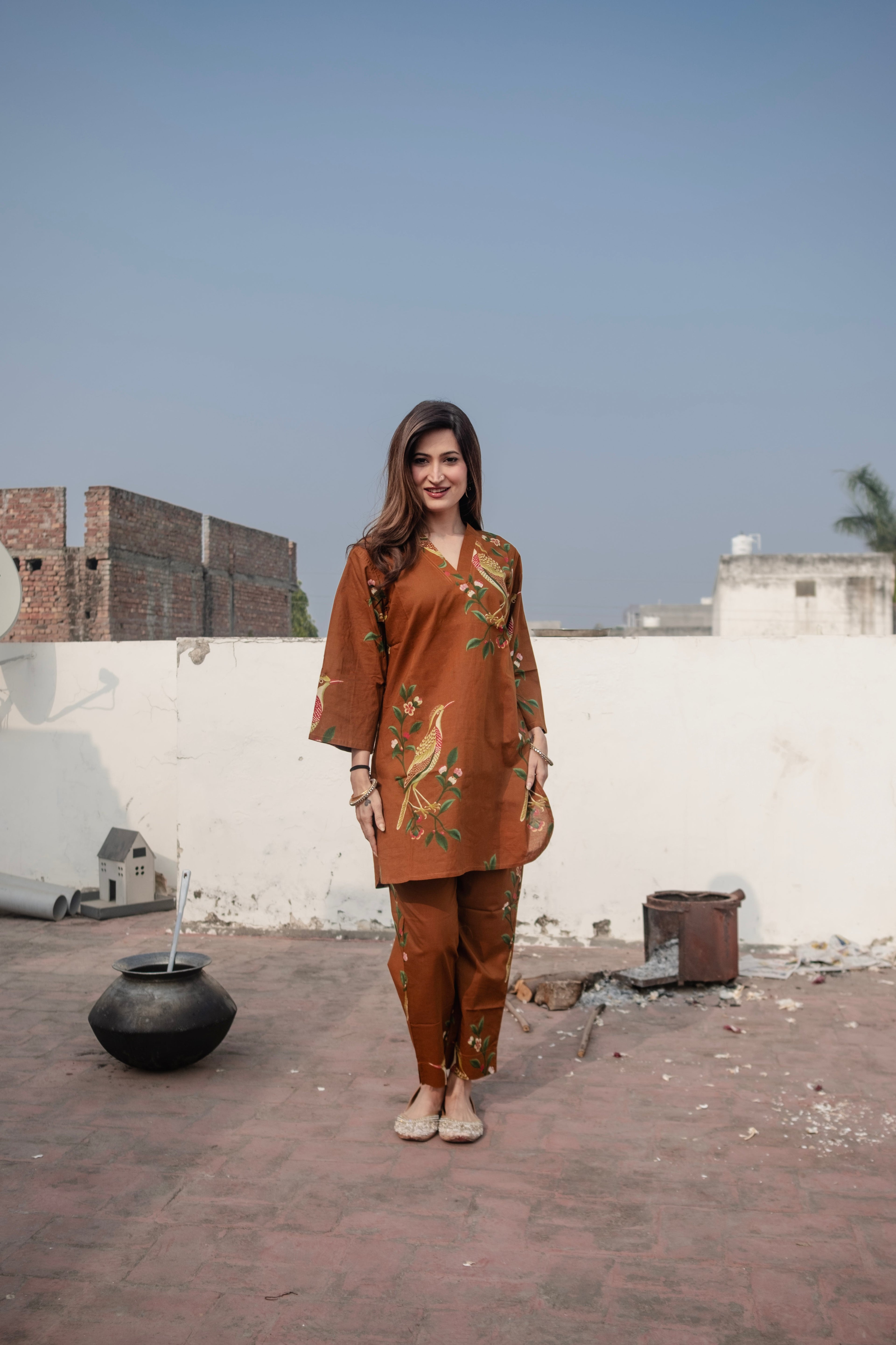 Brown Bird Cotton Co-ord Set