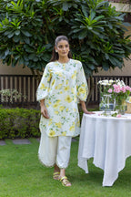 Noor Era Kurta Pant Set Floral Yellow Ivory Zig Zag Half Round Leaf