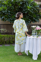 Noor Era Kurta Pant Set Floral Yellow Ivory Zig Zag Half Round Leaf