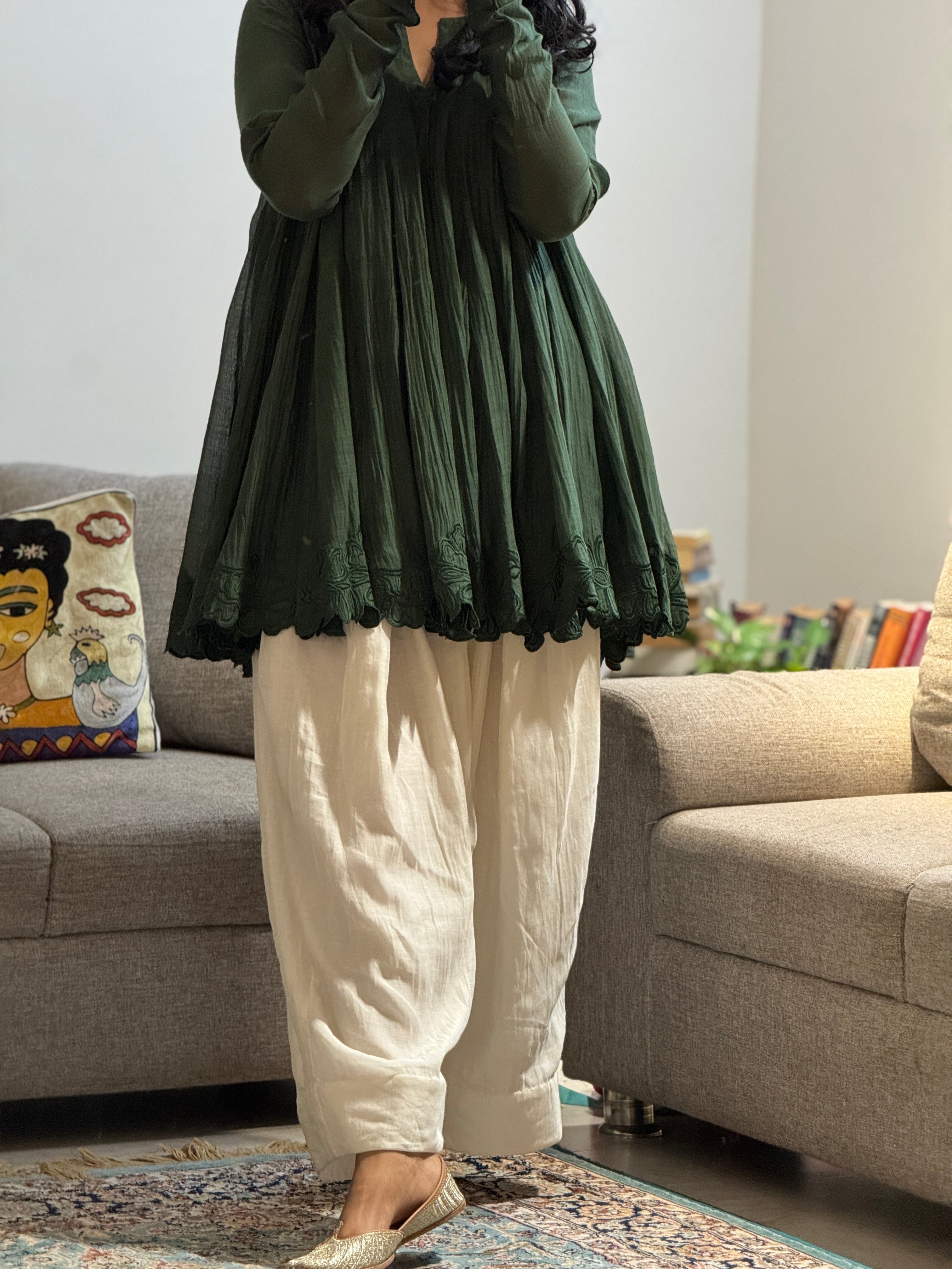 Olive green Mul chanderi embroidered Anarkali with Farshi Salwar