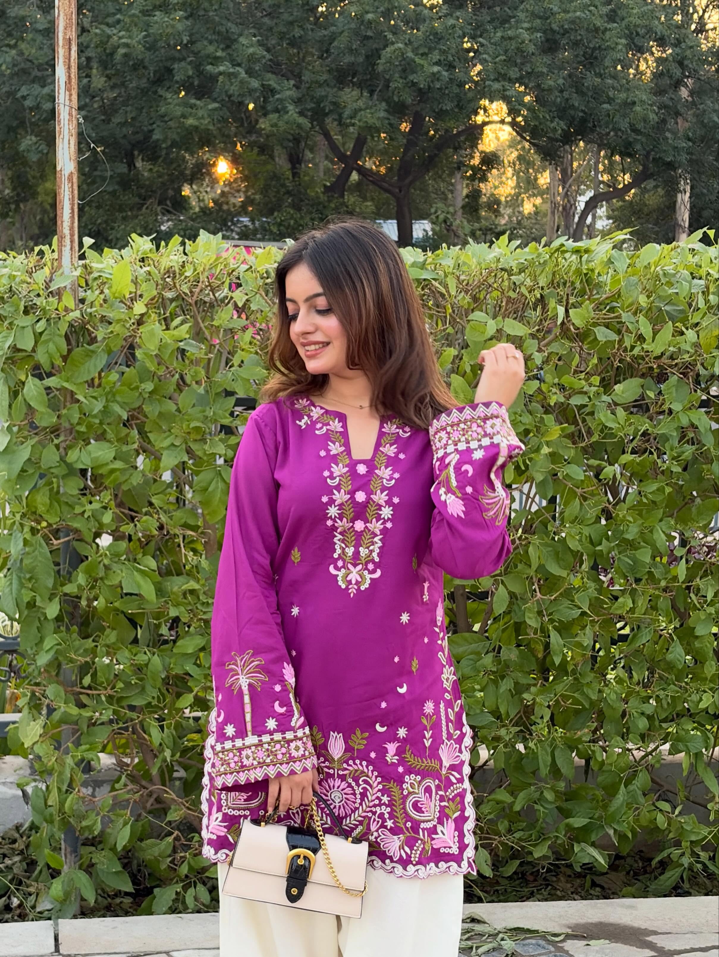 Anvika  Fuchsia Bloom Embroidered Kurta Palazzo Set
