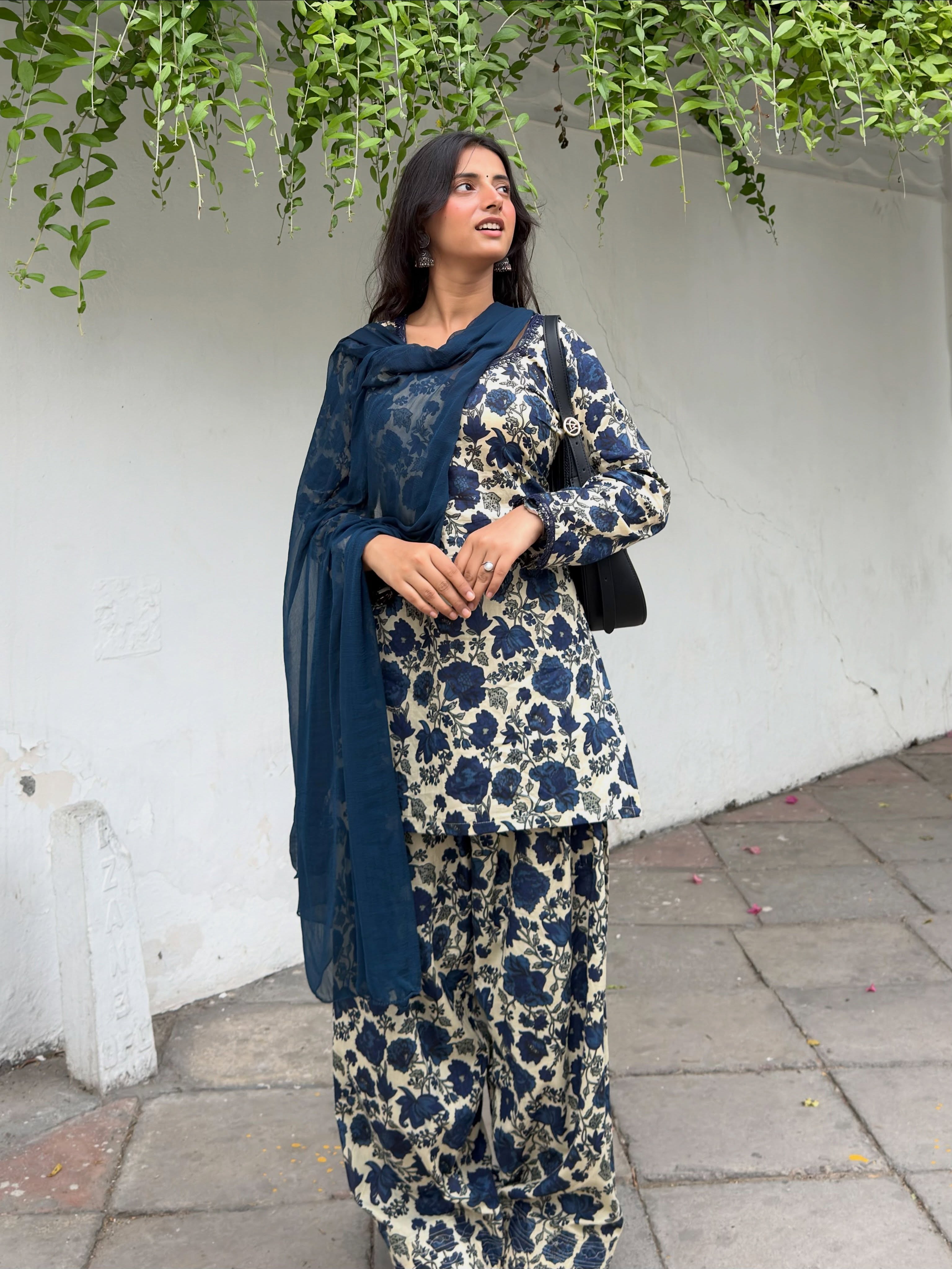 Noor-e-Navy Floral Cotton Farshi Suit Set