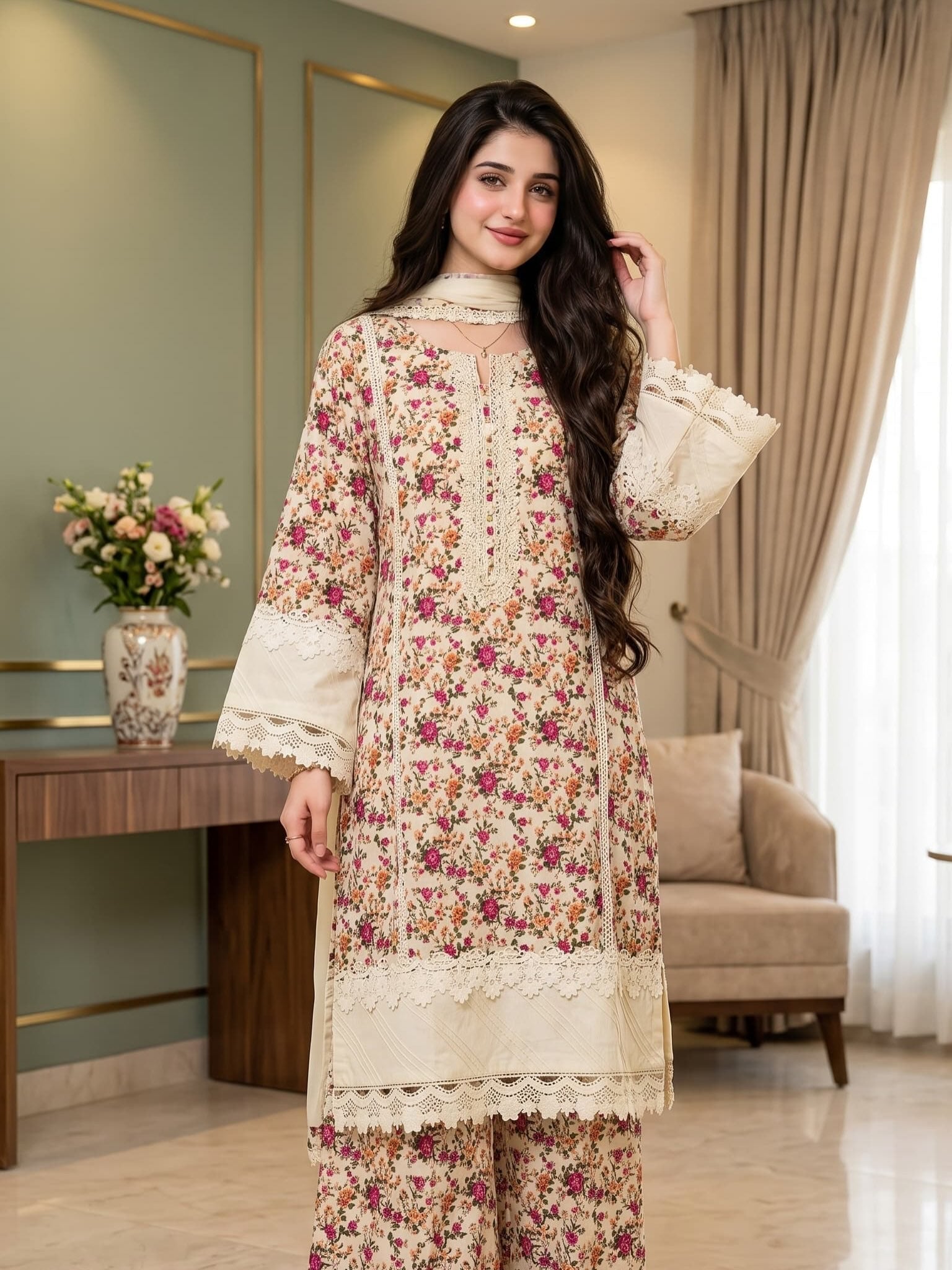 AIZA Floral Lace Detail 3-Piece Suit