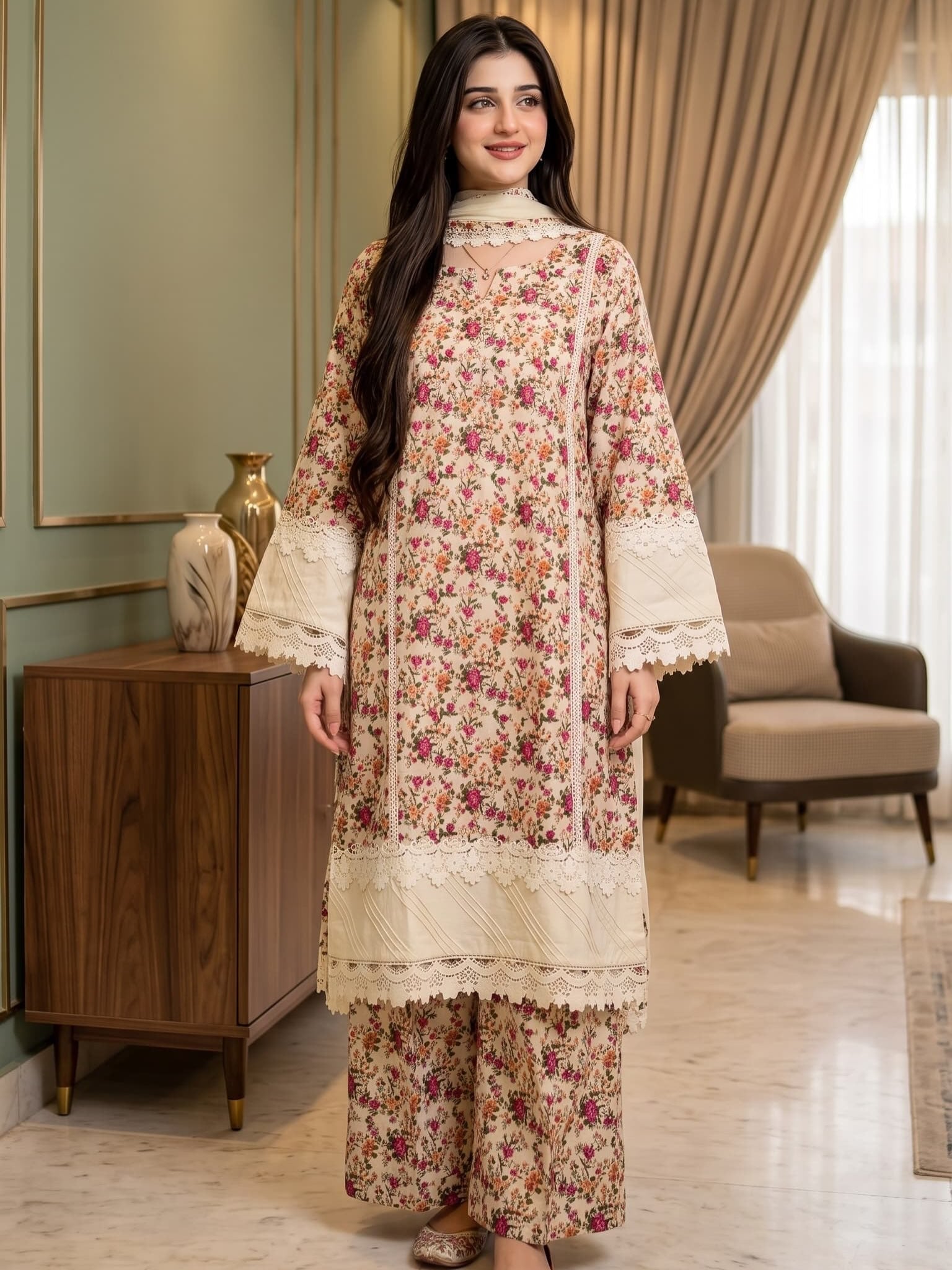 AIZA Floral Lace Detail 3-Piece Suit