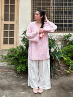 Pink Floral Printed Kurta with White Palazzo Set