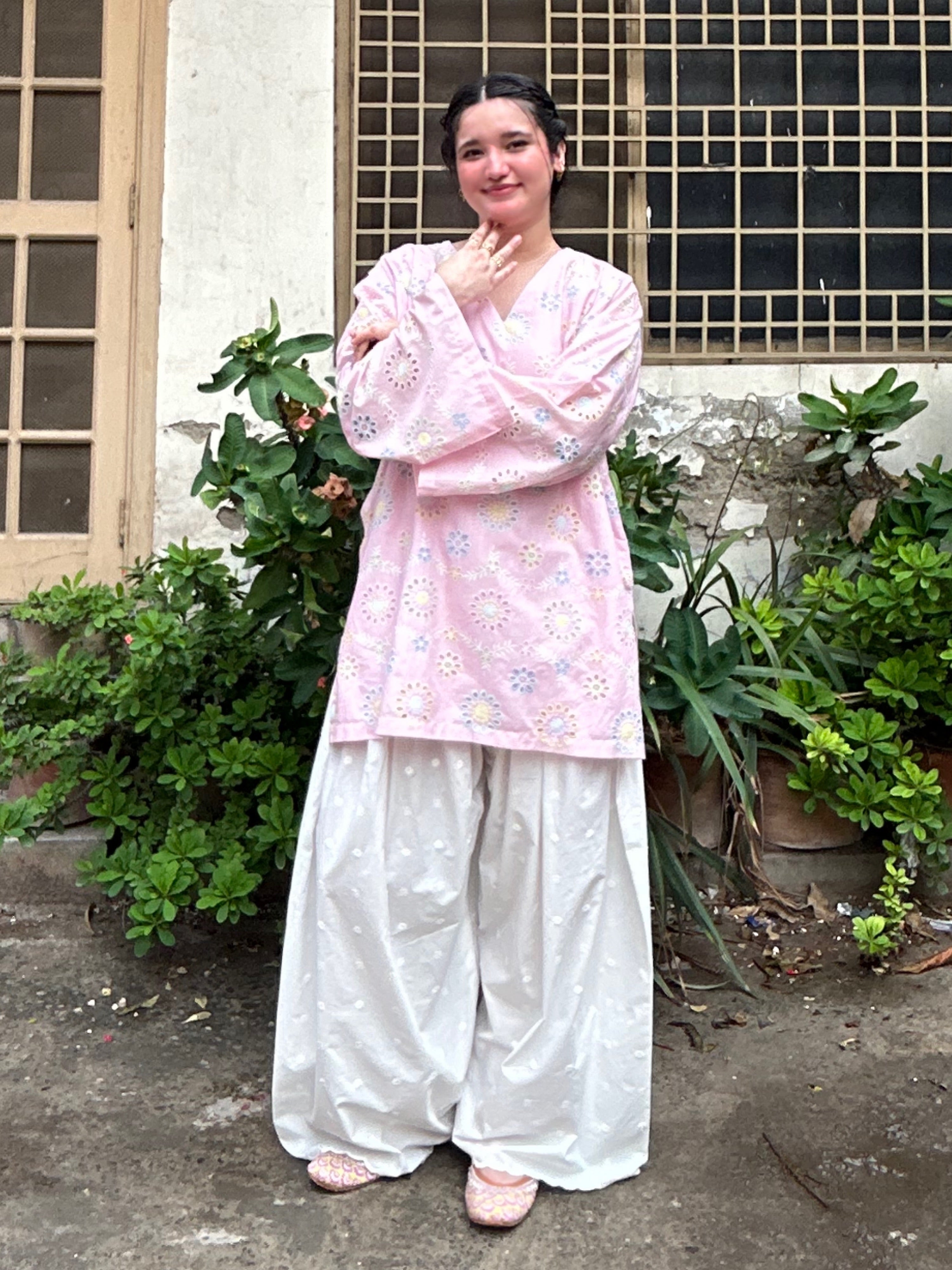 Pink Floral Printed Kurta with White Palazzo Set