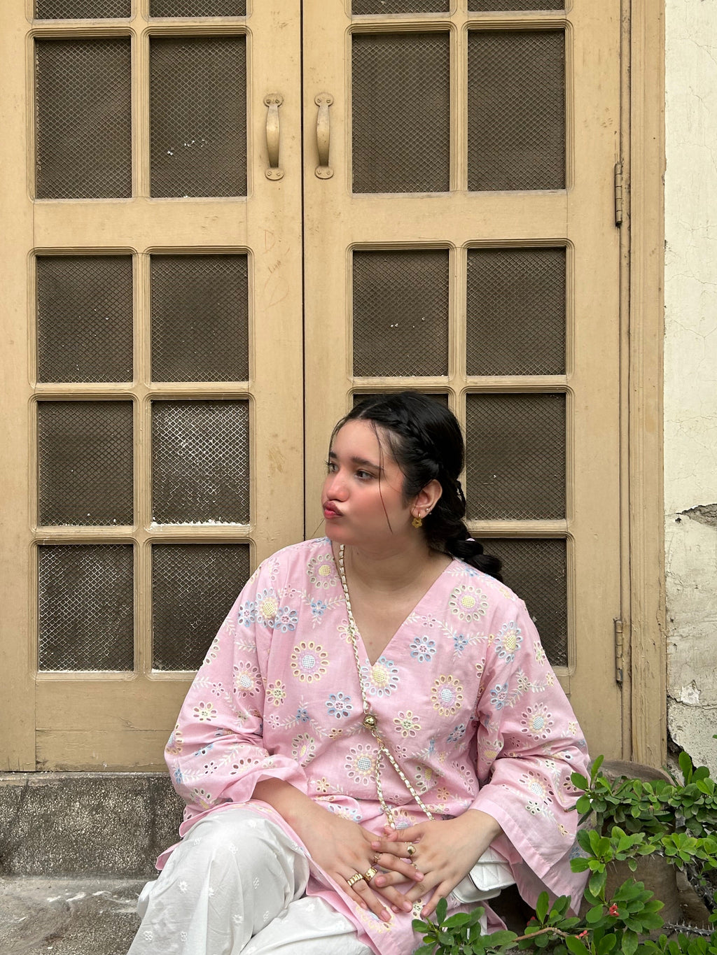 Pink Floral Printed Kurta with White Palazzo Set