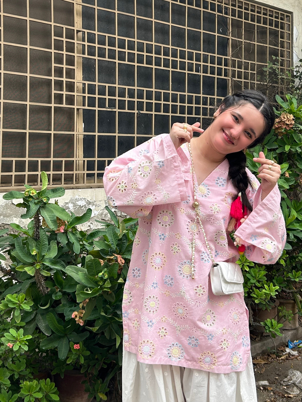Pink Floral Printed Kurta with White Palazzo Set