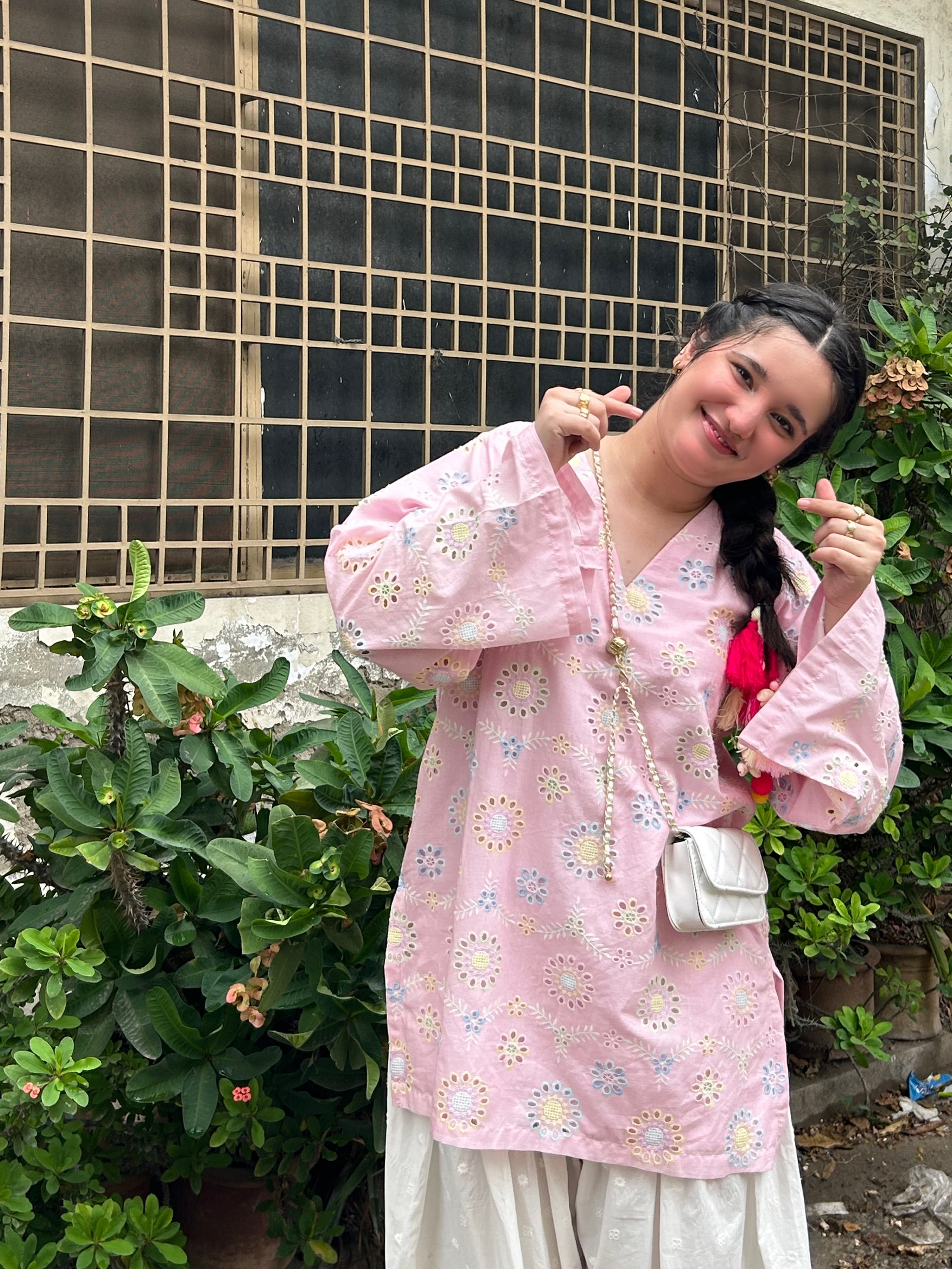 Pink Floral Printed Kurta with White Palazzo Set