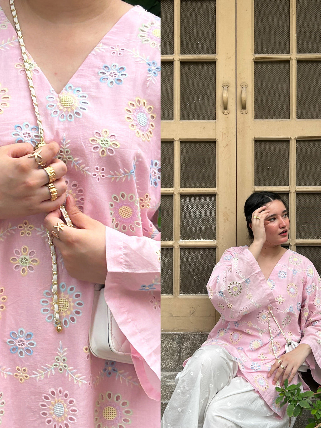 Pink Floral Printed Kurta with White Palazzo Set