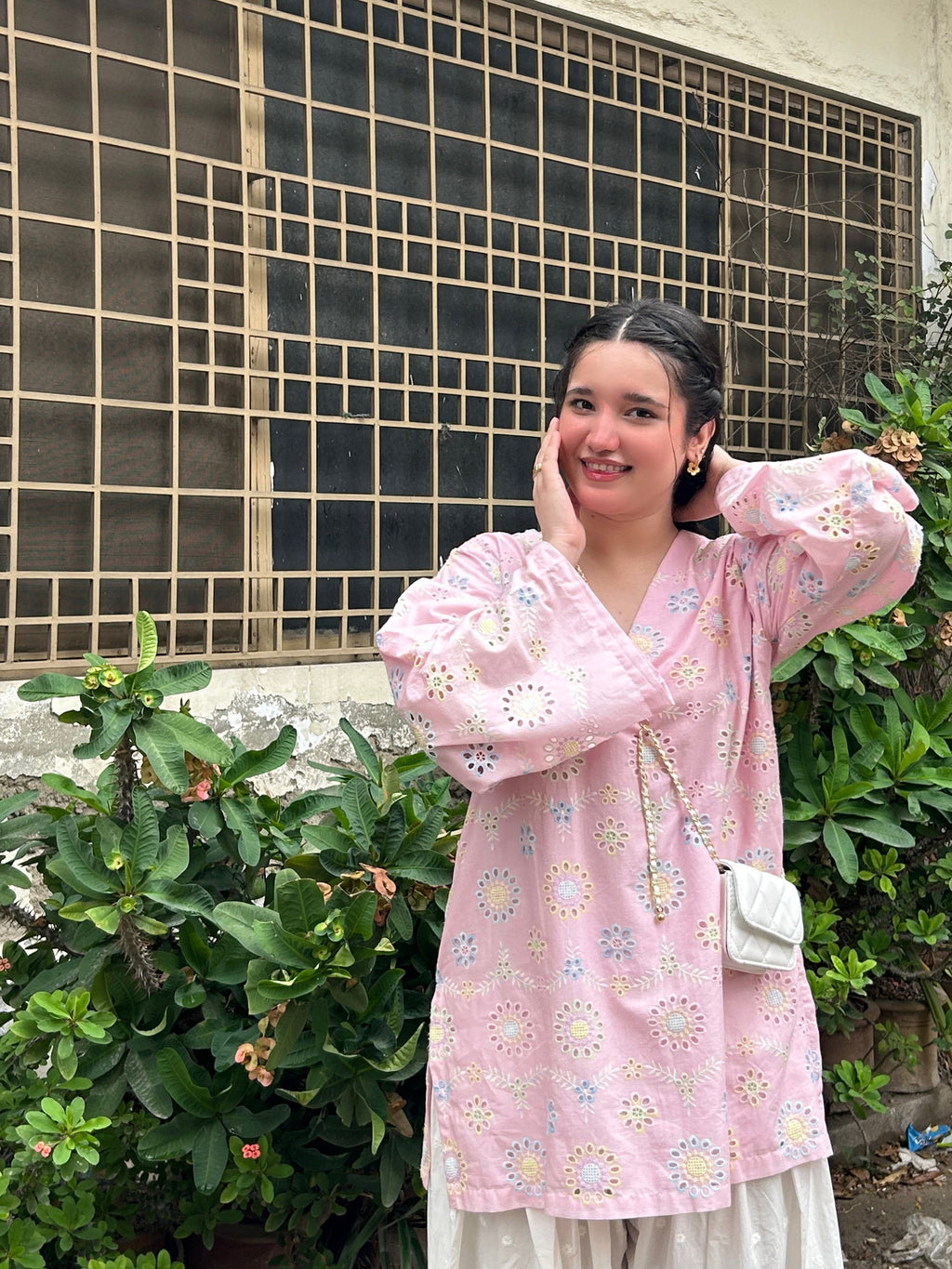 Pink Floral Printed Kurta with White Palazzo Set