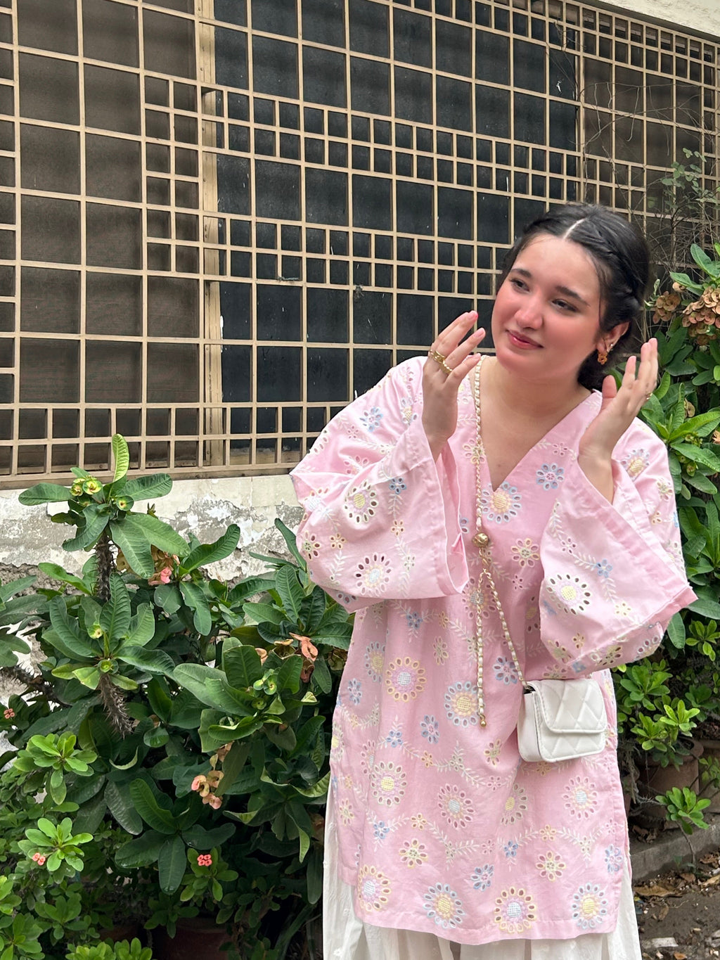 Pink Floral Printed Kurta with White Palazzo Set