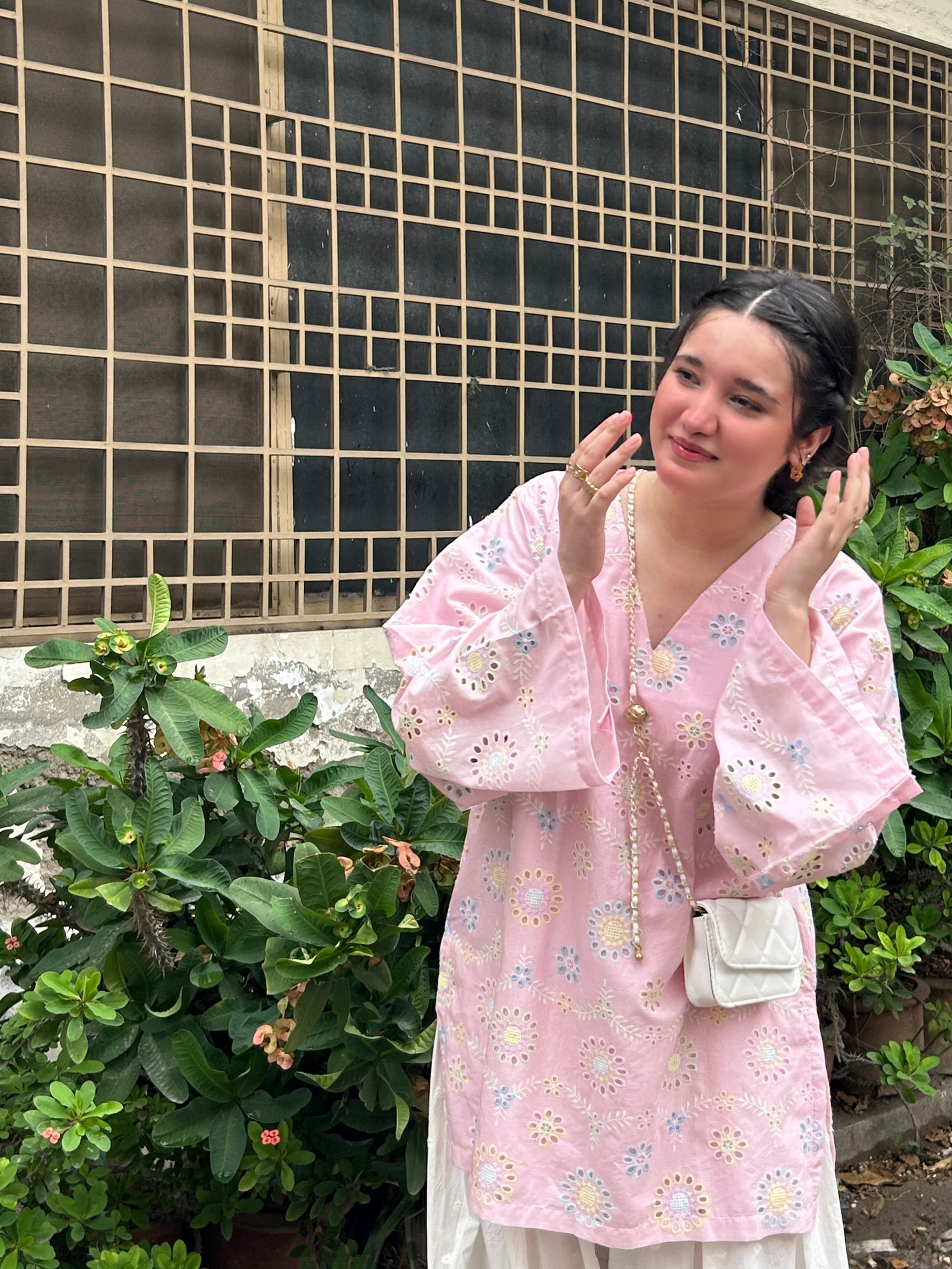 Pink Floral Printed Kurta with White Palazzo Set