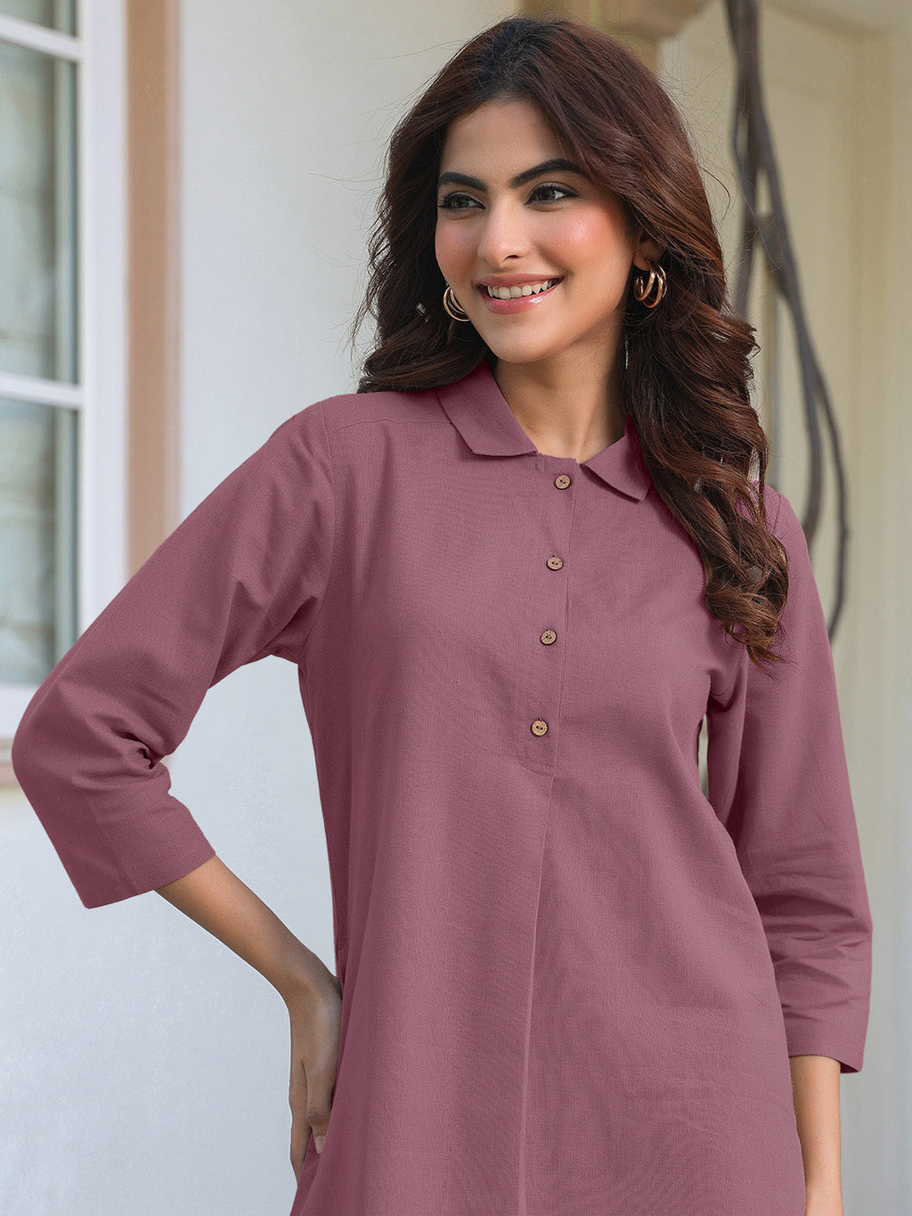 Mauve Cotton Solid A-line Co-Ord Set