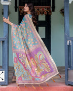 Aqua Blue Handloom Cotton Saree with Multicolor Floral Print & Royal Simha-Pakshi Pallu