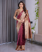 Maroon Pure Kanjivaram Silk Saree with Intricate Golden Zari Weaving & Contrast Blouse – 5.5m Saree + 0.8m Blouse