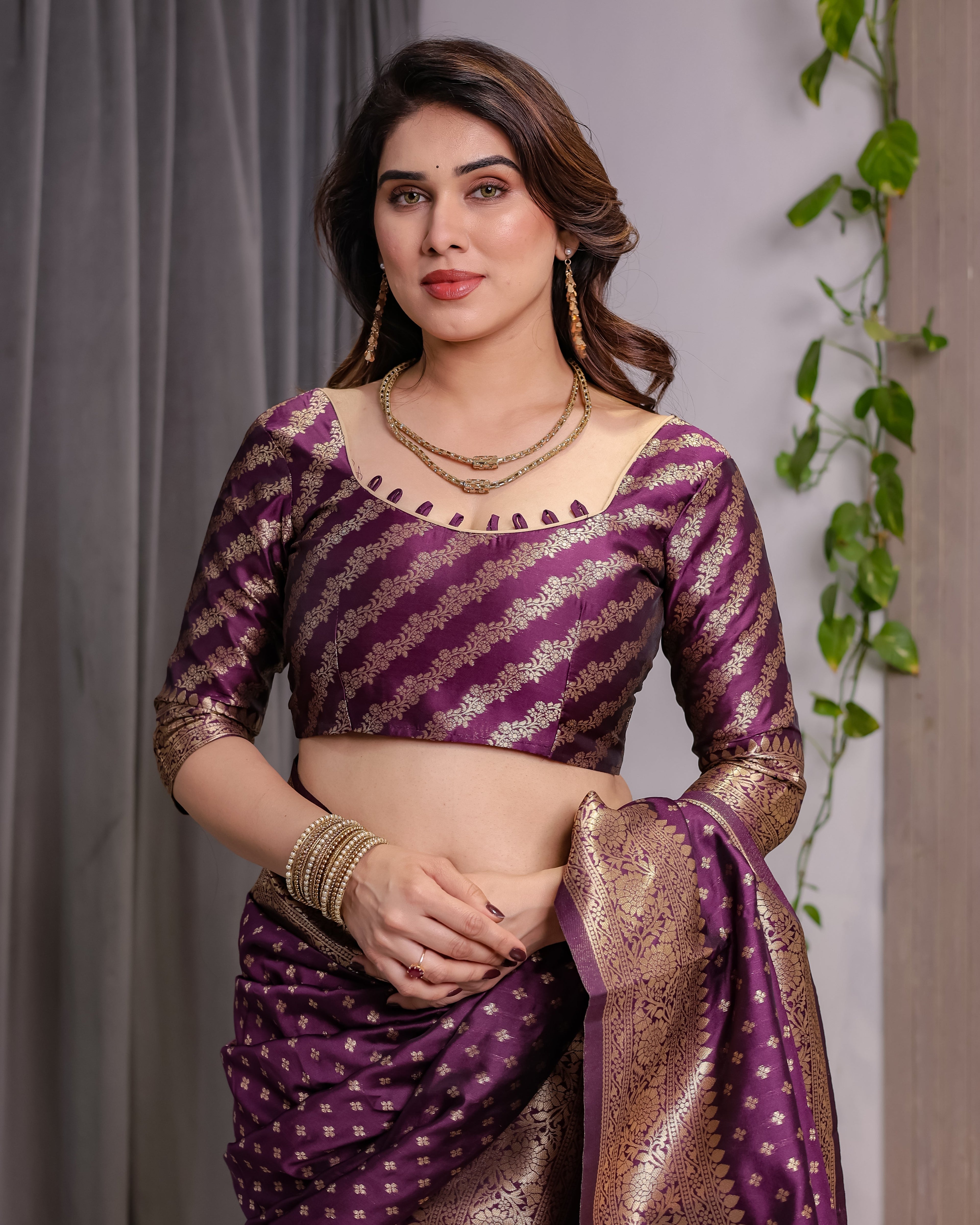 Royal Purple Pure Kanjivaram Silk Saree with Golden Zari Buttas & Rich Brocade Pallu | 5.5m Saree + 0.8m Designer Blouse Piece