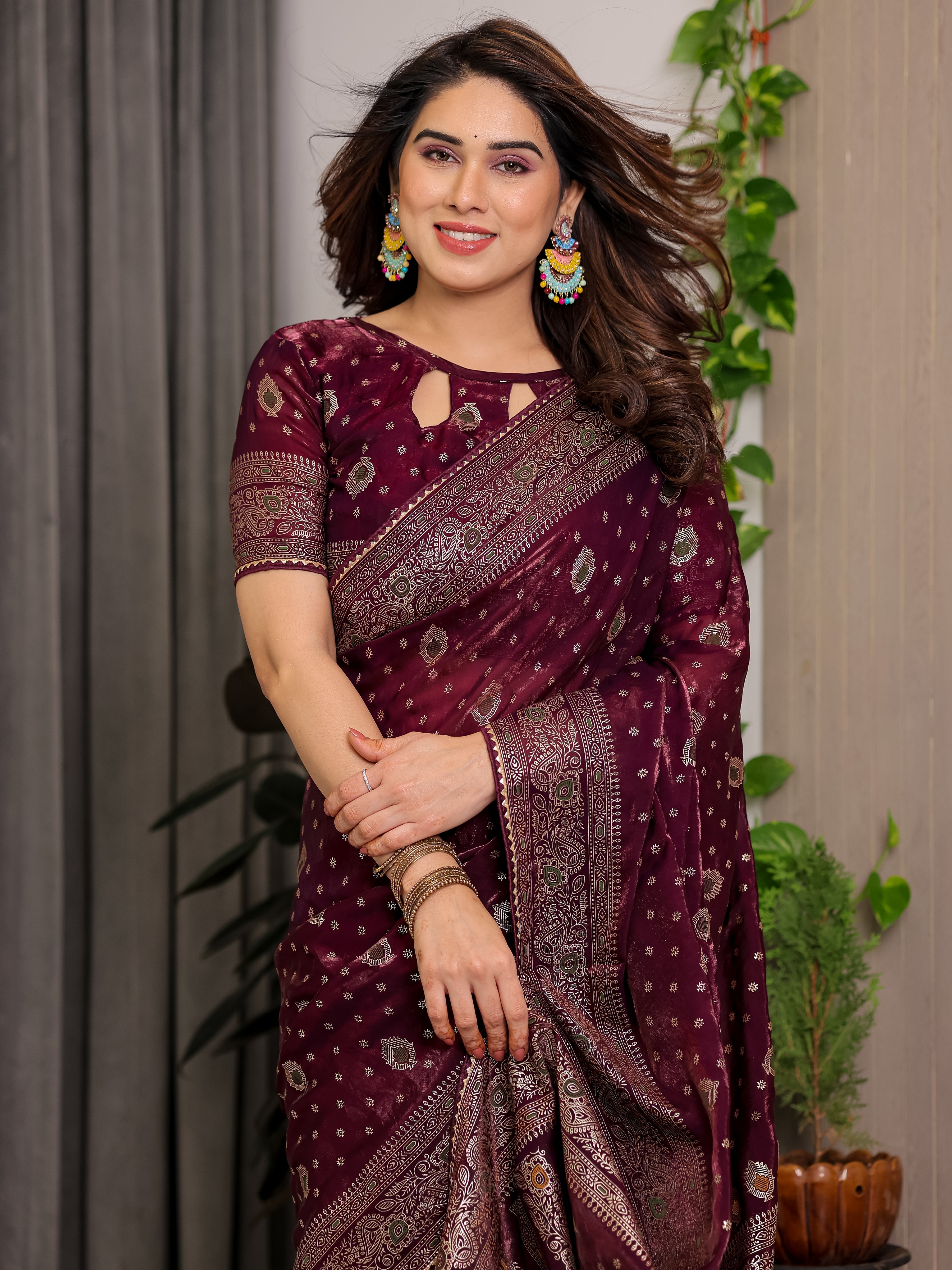 Wine Maroon Fendi Satin Block & Foil Printed Saree with Traditional Butti Motifs, Tassel Edges & Attached Blouse