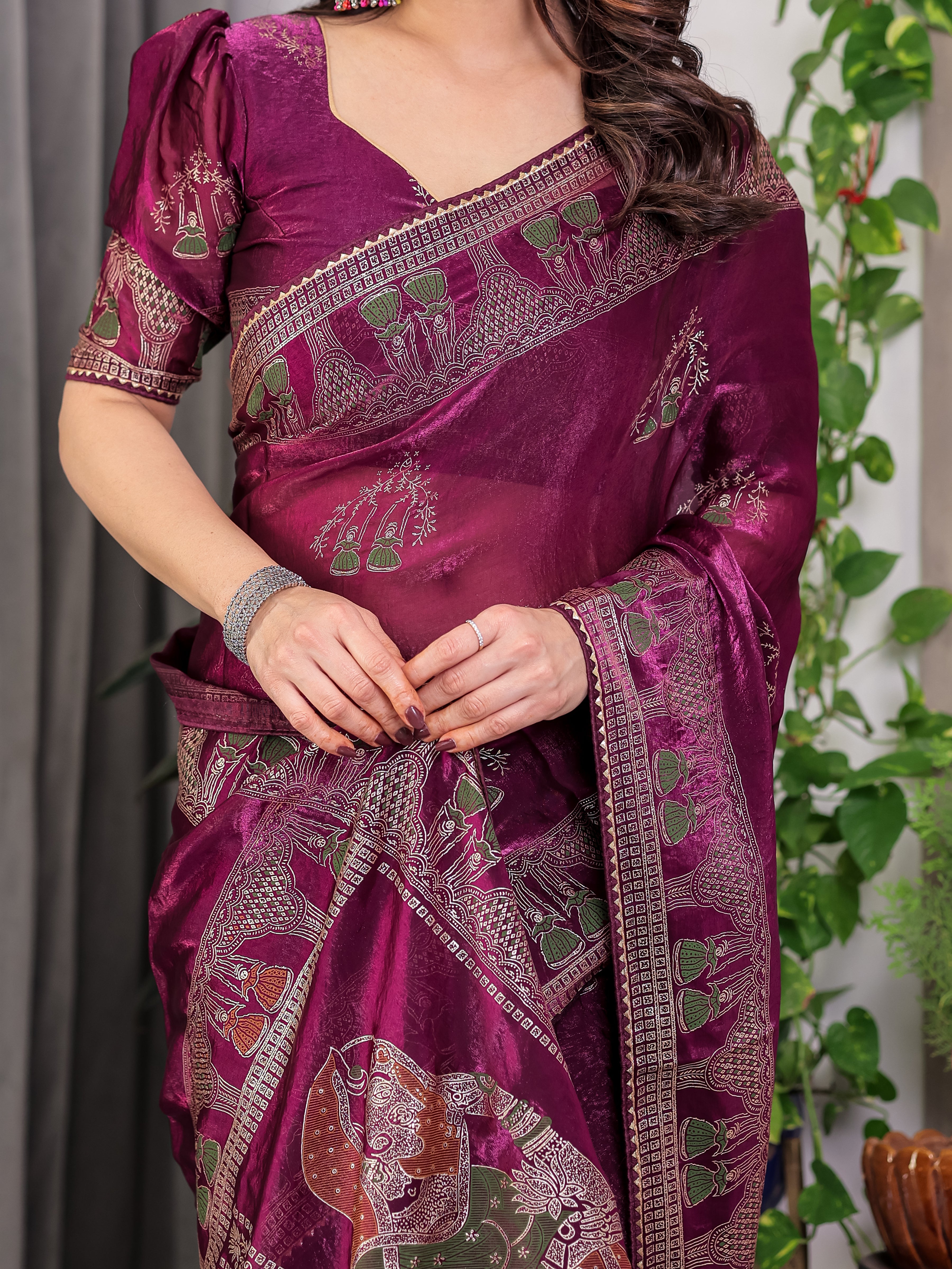 Wine Plum Fendi Satin Block & Foil Print Saree with Traditional Motif Border & Tassel Detail Blouse