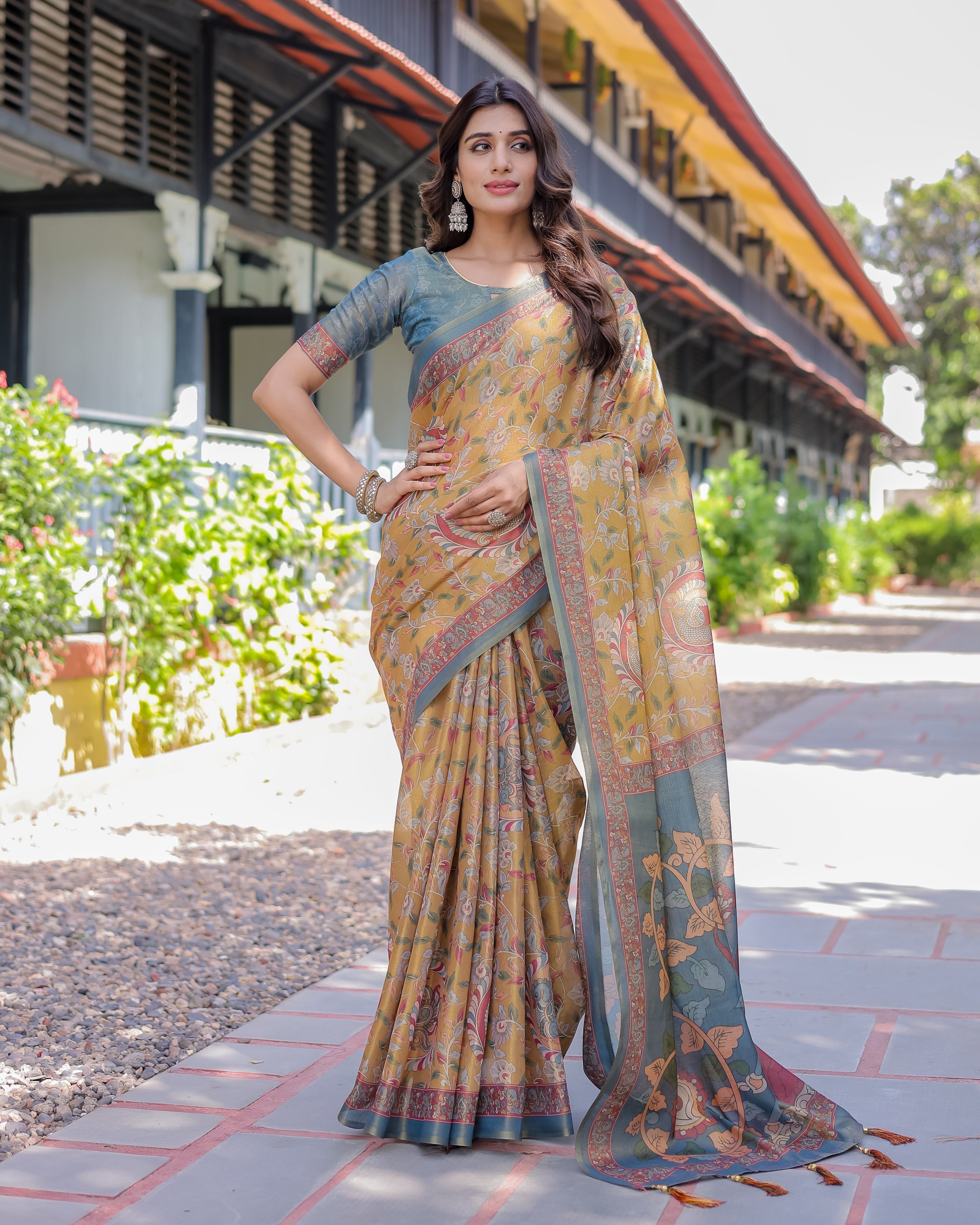 Yellow Handloom Cotton Saree with Intricate Peacock & Floral Art – Contrast Green Pallu