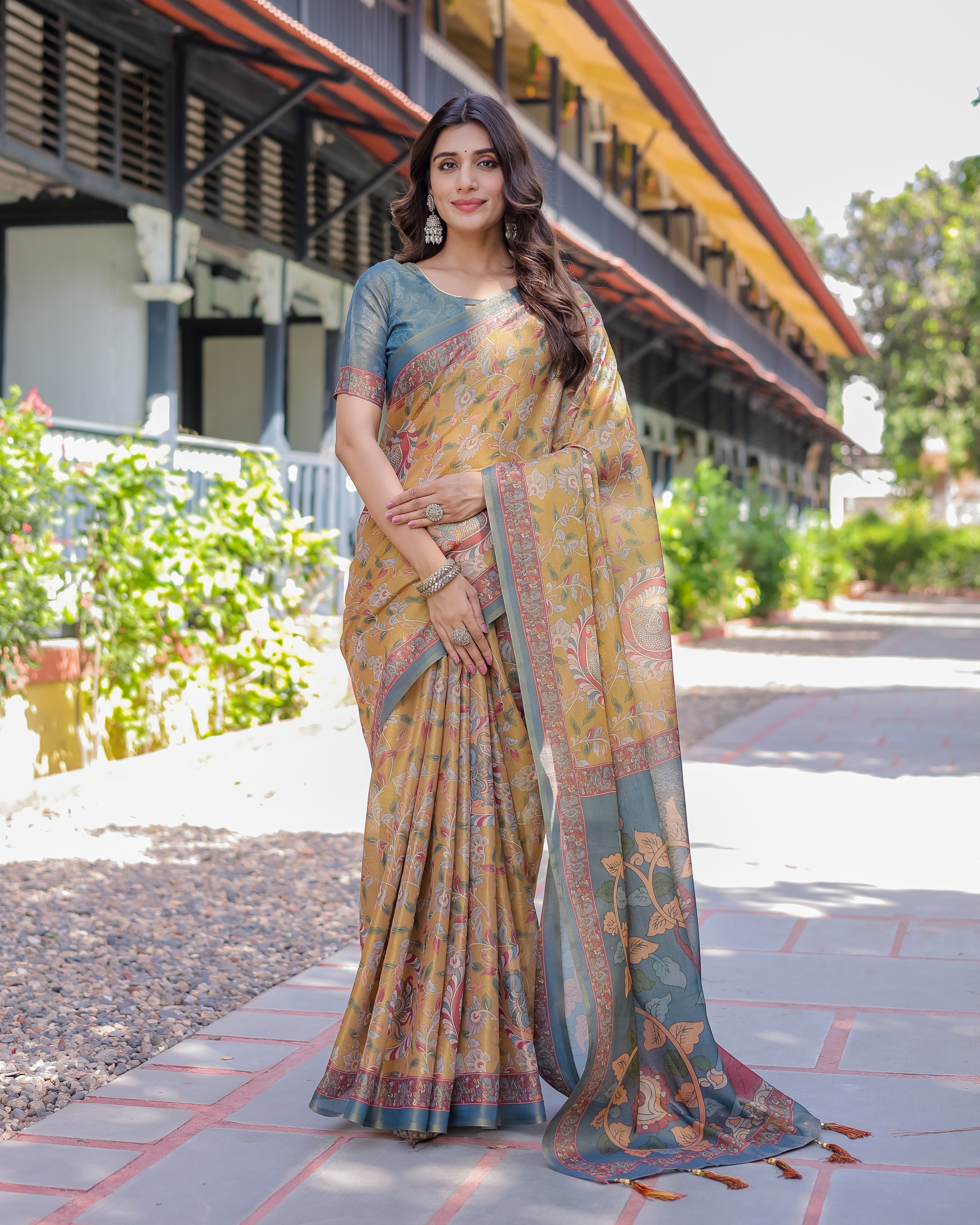 Yellow Handloom Cotton Saree with Intricate Peacock & Floral Art – Contrast Green Pallu