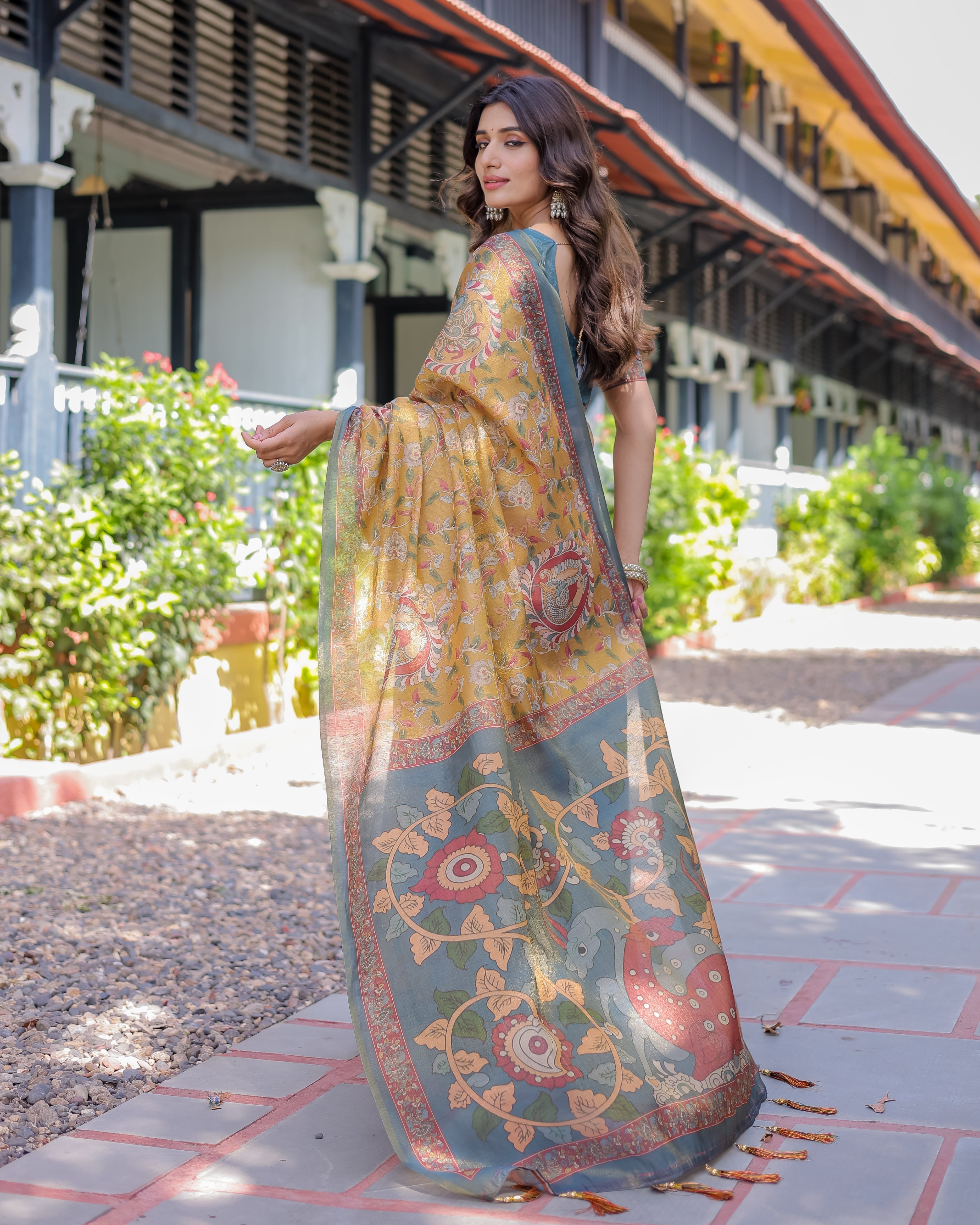 Yellow Handloom Cotton Saree with Intricate Peacock & Floral Art – Contrast Green Pallu