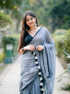Sky Mist Linen Cotton Saree with Designer Tassel Border