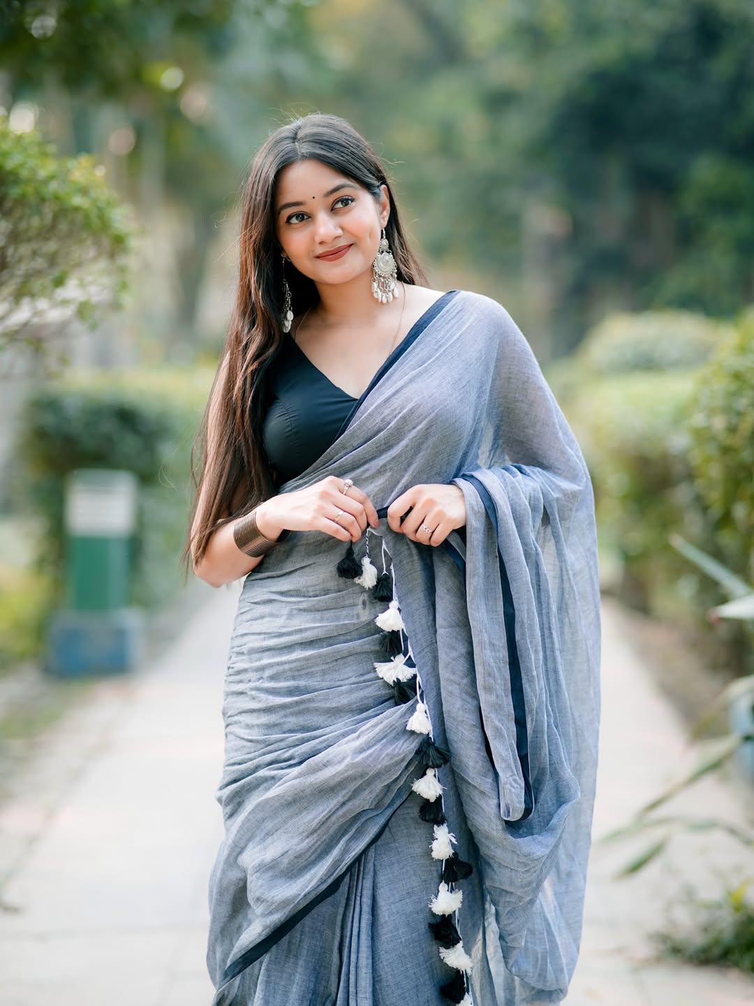 Sky Mist Linen Cotton Saree with Designer Tassel Border