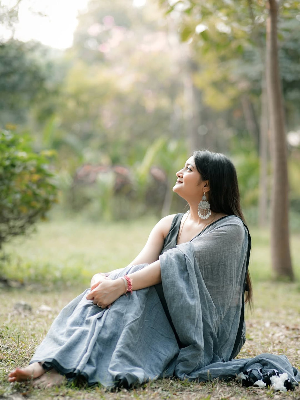 Sky Mist Linen Cotton Saree with Designer Tassel Border