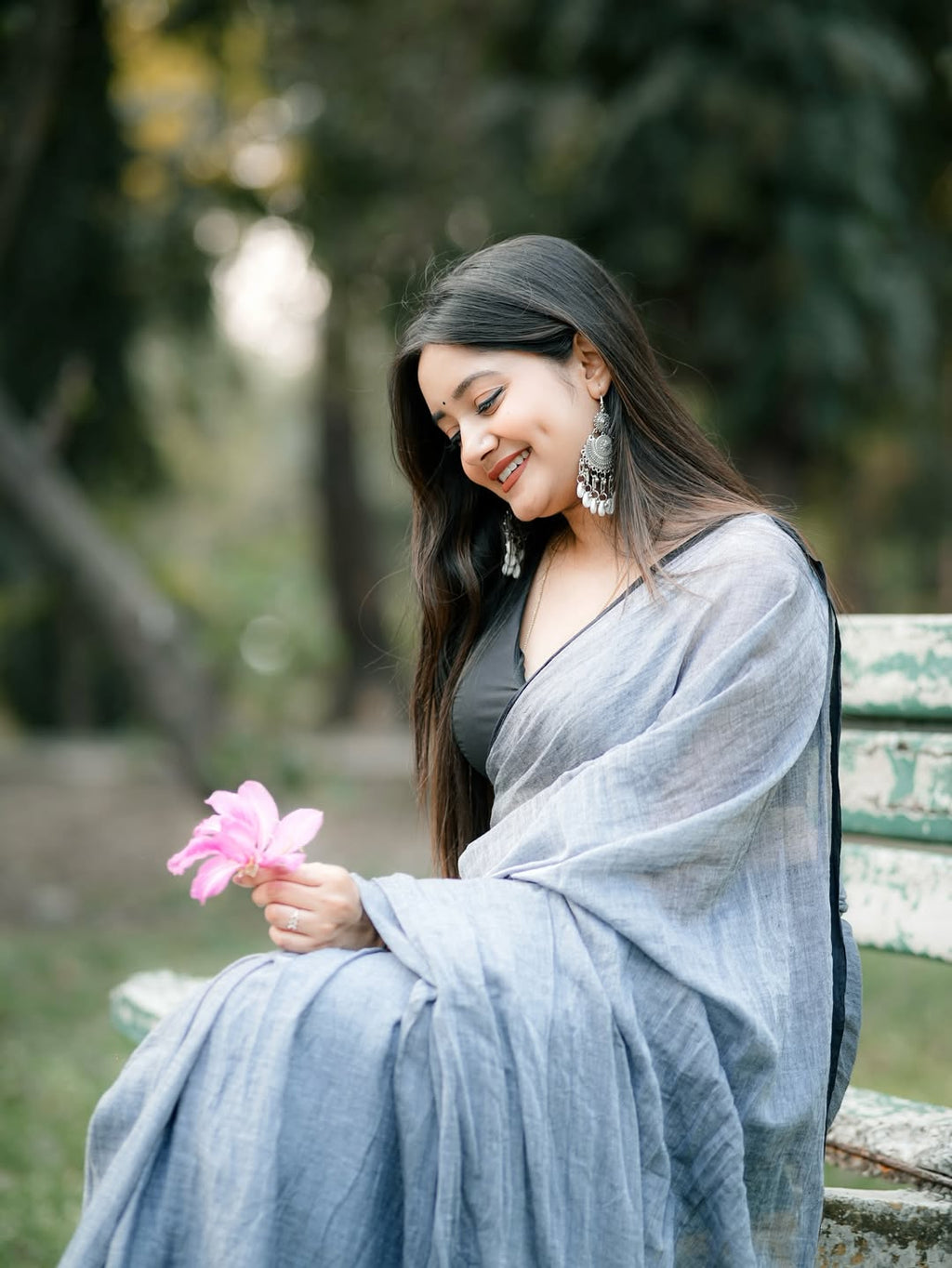 Sky Mist Linen Cotton Saree with Designer Tassel Border